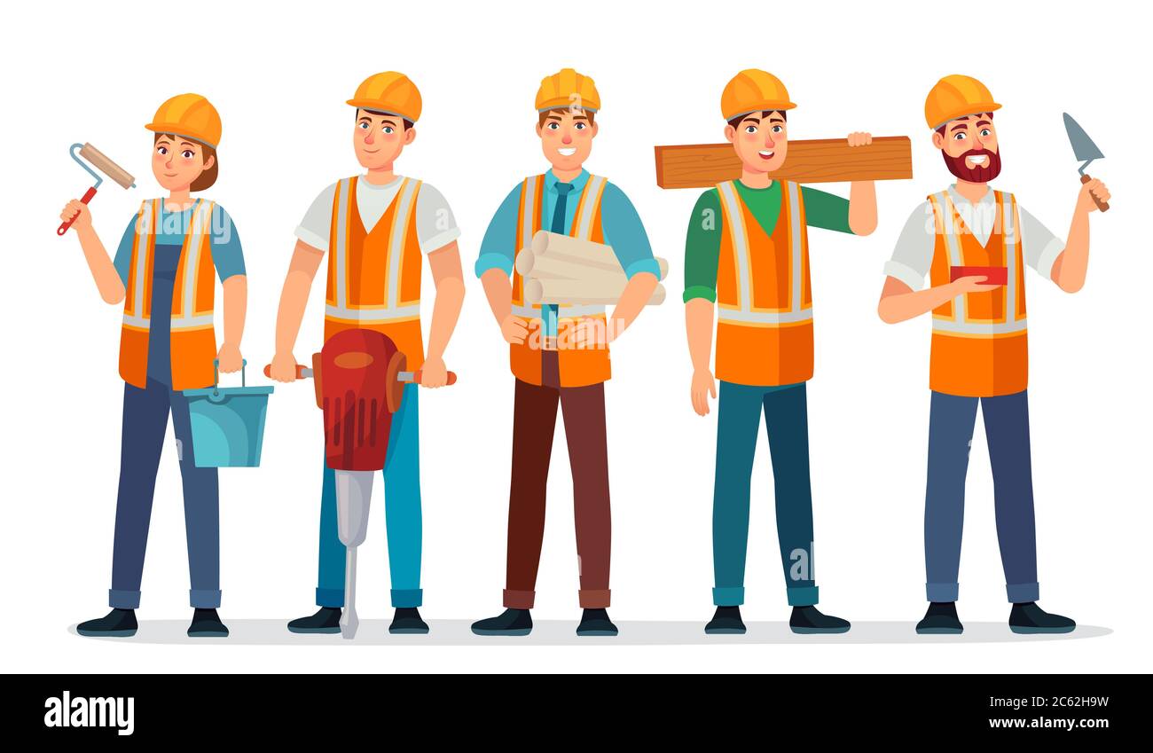 Équipe de constructeurs professionnels. Illustration vectorielle de dessin animé pour entrepreneur en casque, ingénieur concepteur et travailleurs Illustration de Vecteur
