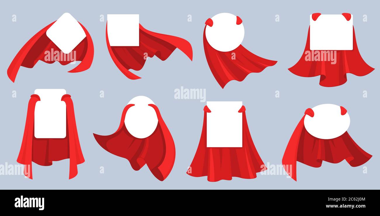 Étiquette rouge HERO cape. Badges blancs vides avec super héros, power man cloak. Maquette de scénario de dessin animé pour la publicité de produit pour enfants Illustration de Vecteur