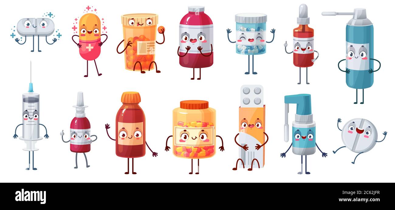 Mascotte de la médecine de dessin animé. Les personnages de mignons Happy Pills tuent les bactéries et les virus. Capsules, comprimés sous blister, comprimés et médicaments antidouleur vectoriels Illustration de Vecteur