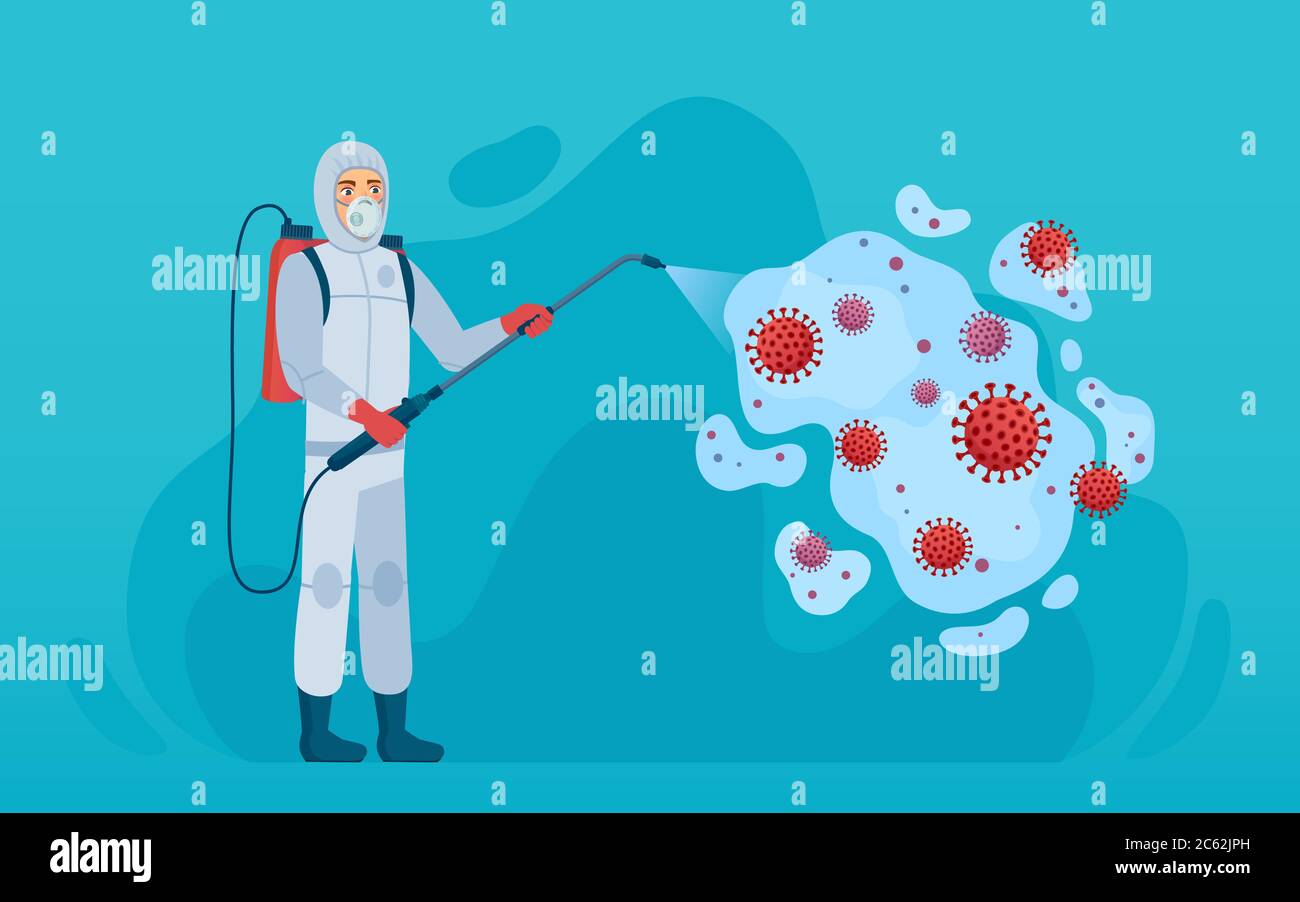 Désinfection du coronavirus. Homme en protection combinaison assainir, nettoyer et tuer le virus pathogène Covid-19 prévenir la pandémie concept de vecteur de risque pour la santé Illustration de Vecteur