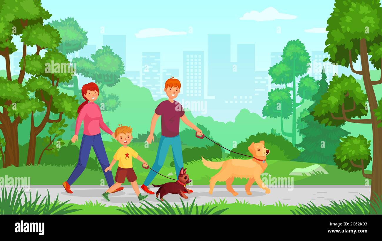Famille marchant avec un chien. Homme femme avec enfant aller dans le parc Illustration de Vecteur