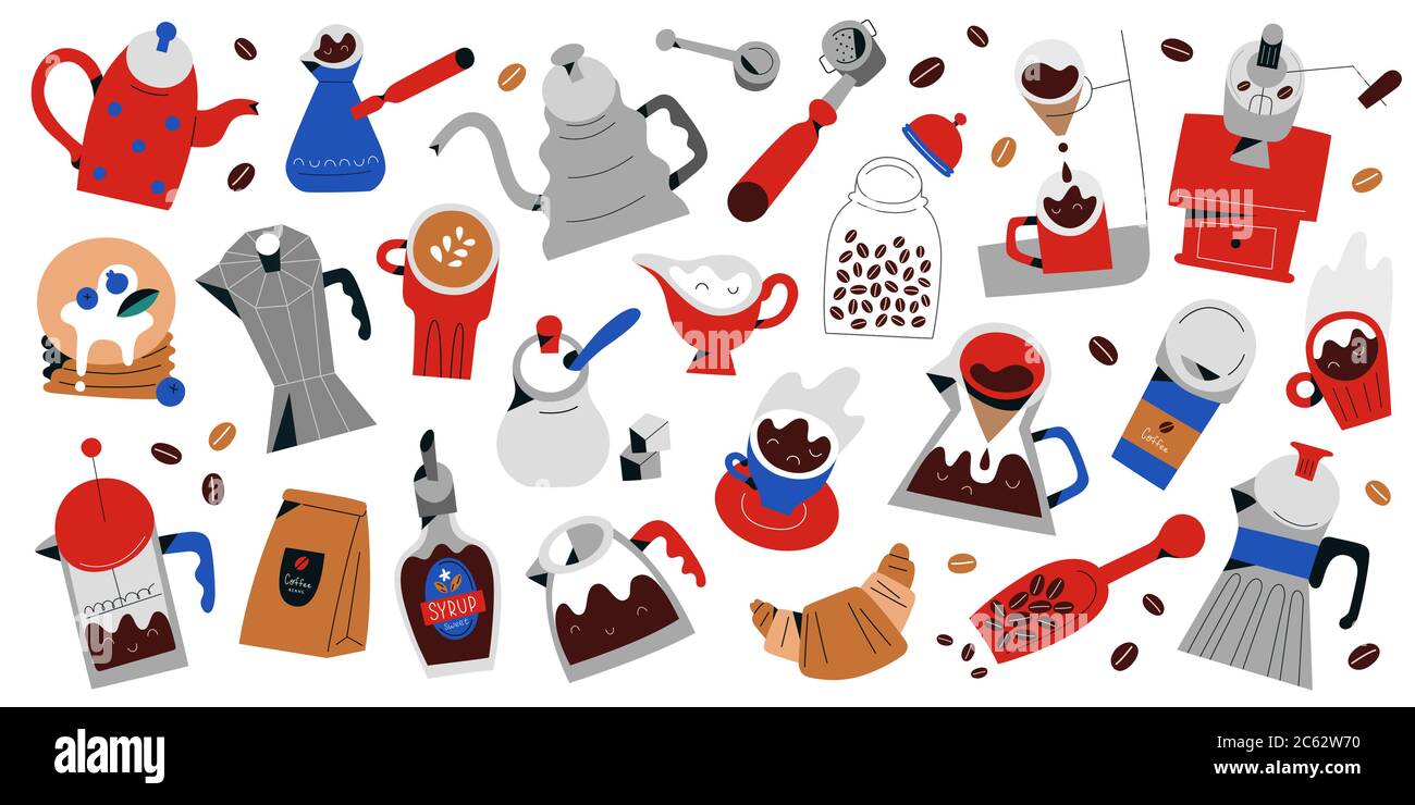 Grand kit café, icônes dessinées à la main, outils, ustensiles pour la préparation et la préparation de boissons au café, tasses et tasses, pots et desserts, objets isolés, plat Illustration de Vecteur Grand kit café, icônes dessinées à la main, outils, ustensiles pour la préparation et la préparation de boissons au café, tasses et tasses, pots et desserts, objets isolés, plat Illustration de Vecteur