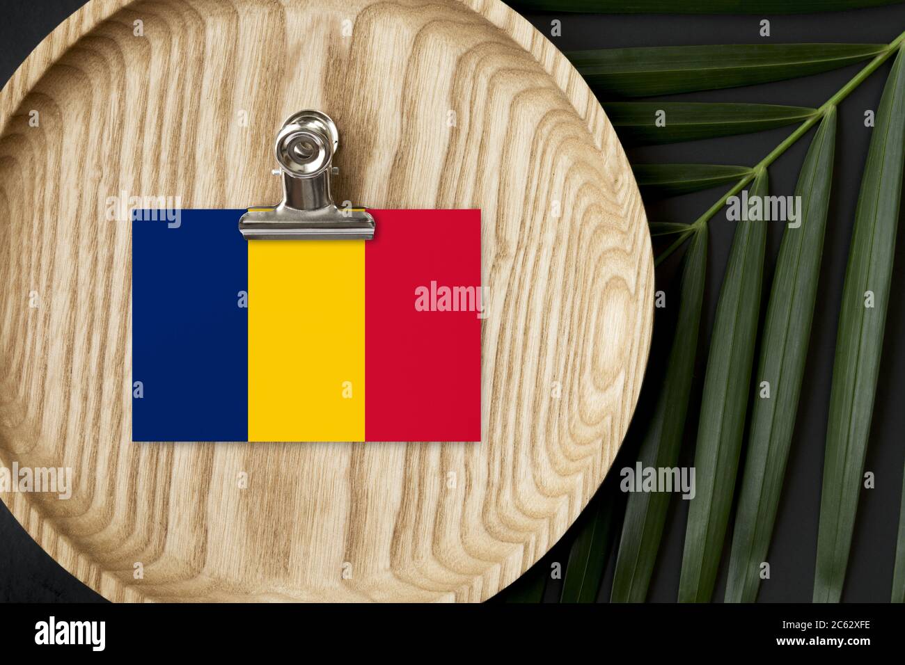 Drapeau du Tchad étiqueté sur une plaque en bois. Le palmier tropical laisse la monstère sur le fond. Concept national minimal. Banque D'Images