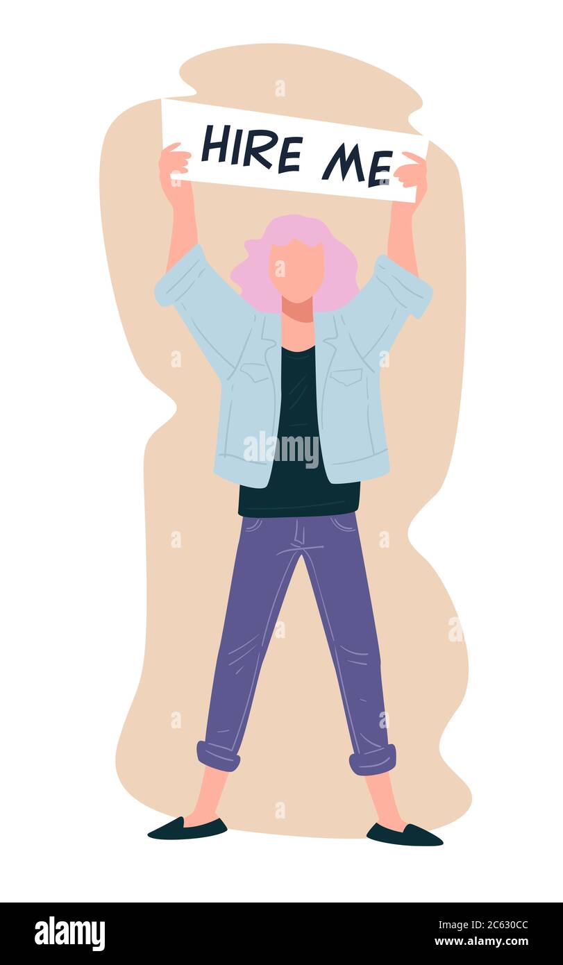 Femme avec signe m'embaucher, sans emploi personne à la recherche de travail Illustration de Vecteur