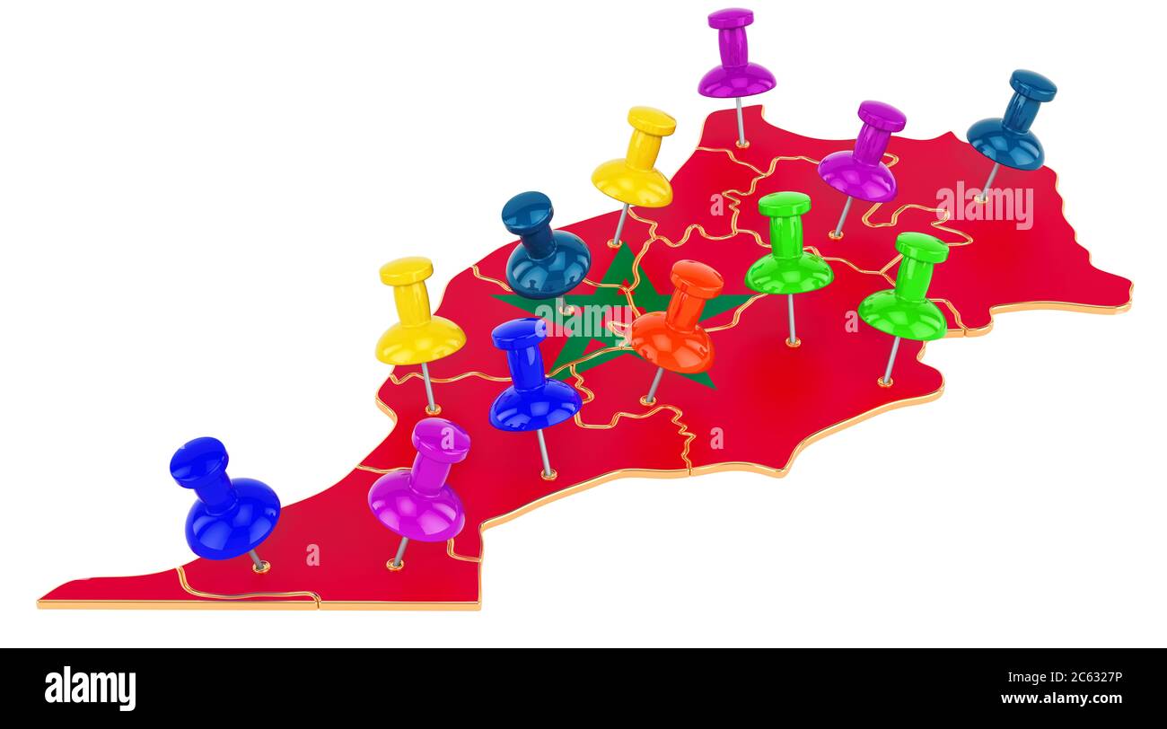 Carte du Maroc avec punaises colorées, rendu 3D isolé sur fond blanc Banque D'Images