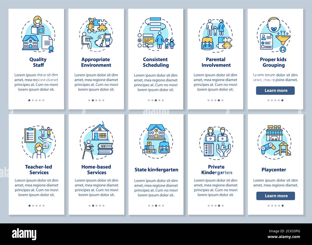 Écran de page d'application mobile d'intégration des types d'éducation préscolaire et des fonctionnalités de jardins d'enfants avec ensemble de concepts Illustration de Vecteur