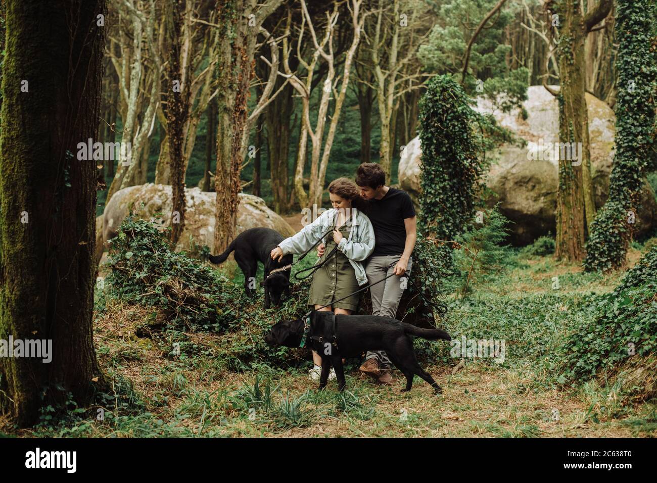 Homme et femme du millénaire avec des chiens en laisse le parc naturel Banque D'Images