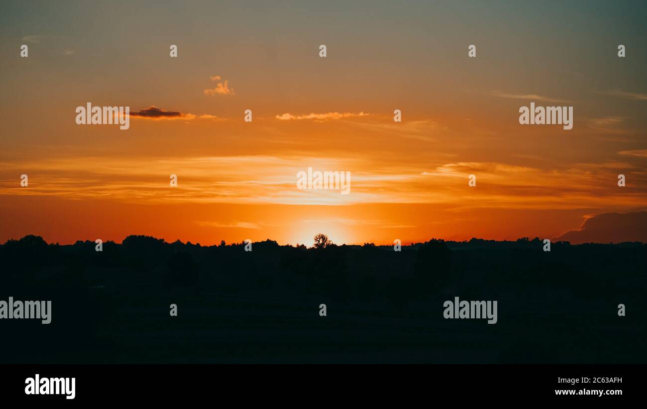 Magnifique coucher de soleil avec silhouettes d'arbres le soir. Format panoramique Banque D'Images Magnifique coucher de soleil avec silhouettes d'arbres le soir. Format panoramique Banque D'Images