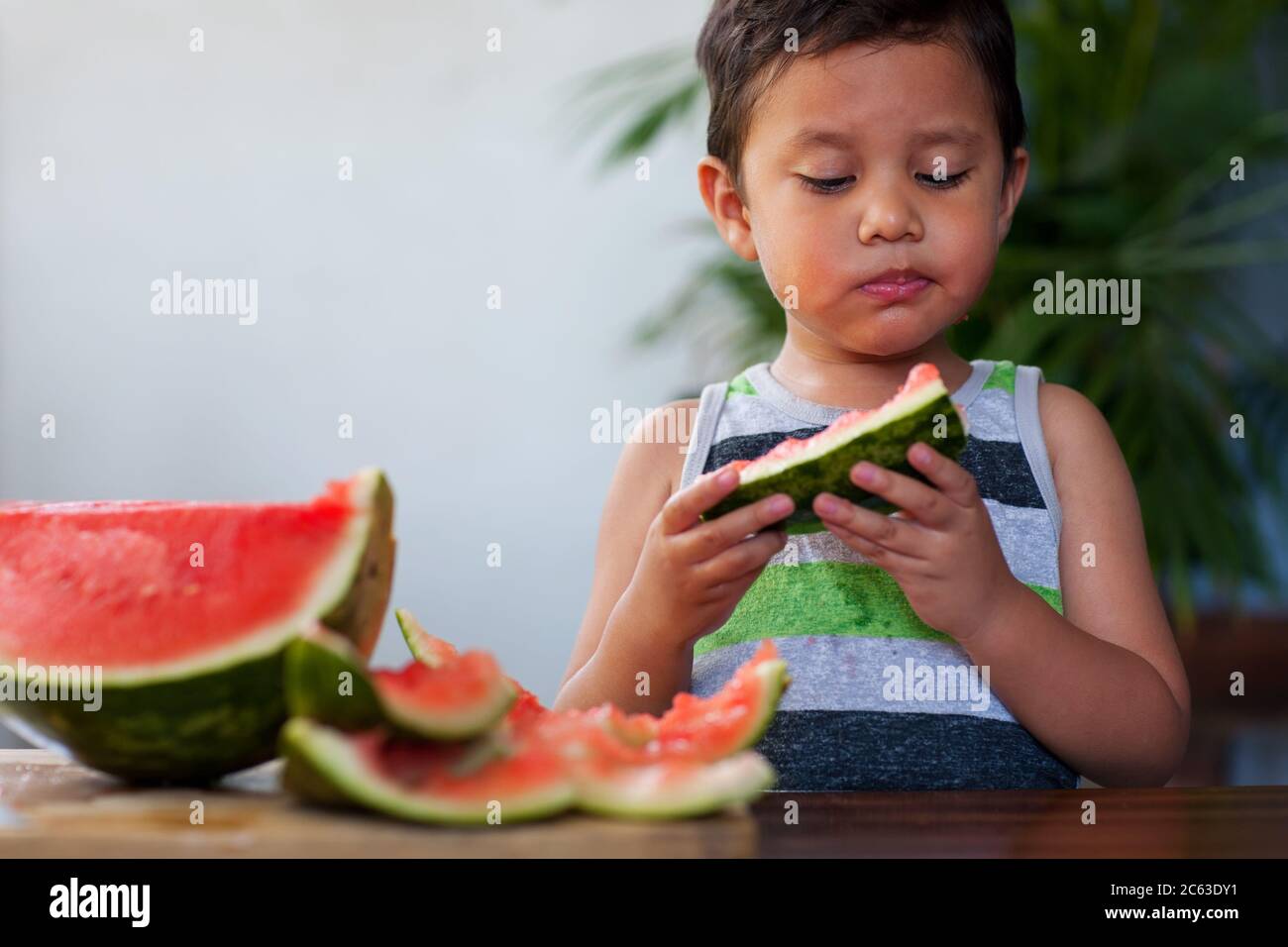 Petit enfant mangeant des tranches de pastèque rafraîchissantes, coupées en quartiers adaptés aux enfants, pendant l'été. Banque D'Images