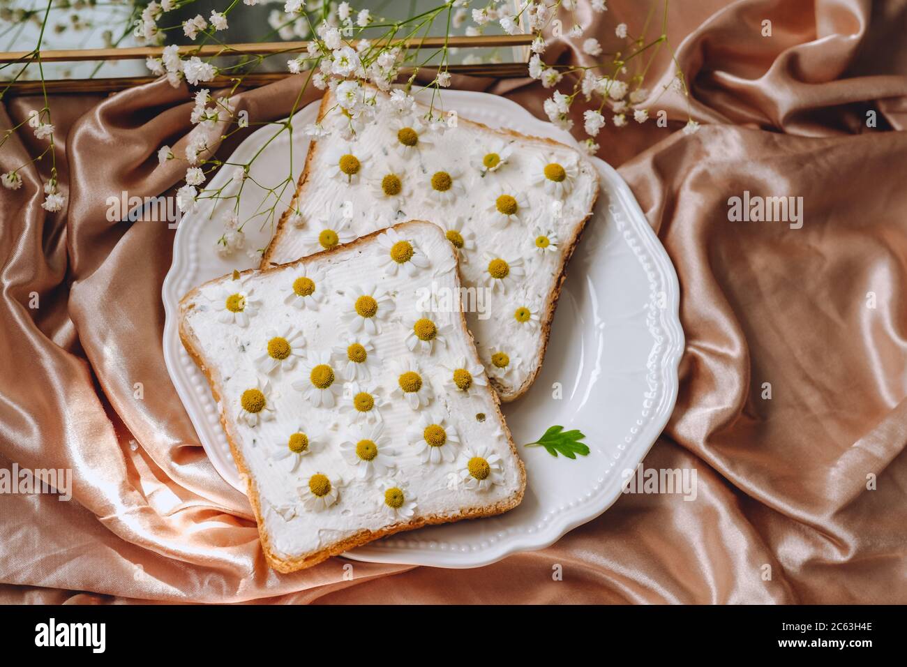Griller le sandwich au pain avec des fleurs de camomille. Banque D'Images