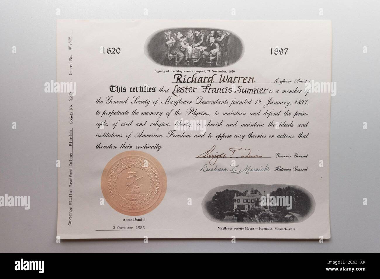 Certificat de la Société générale authentique des descendants de Mayflower, États-Unis Banque D'Images