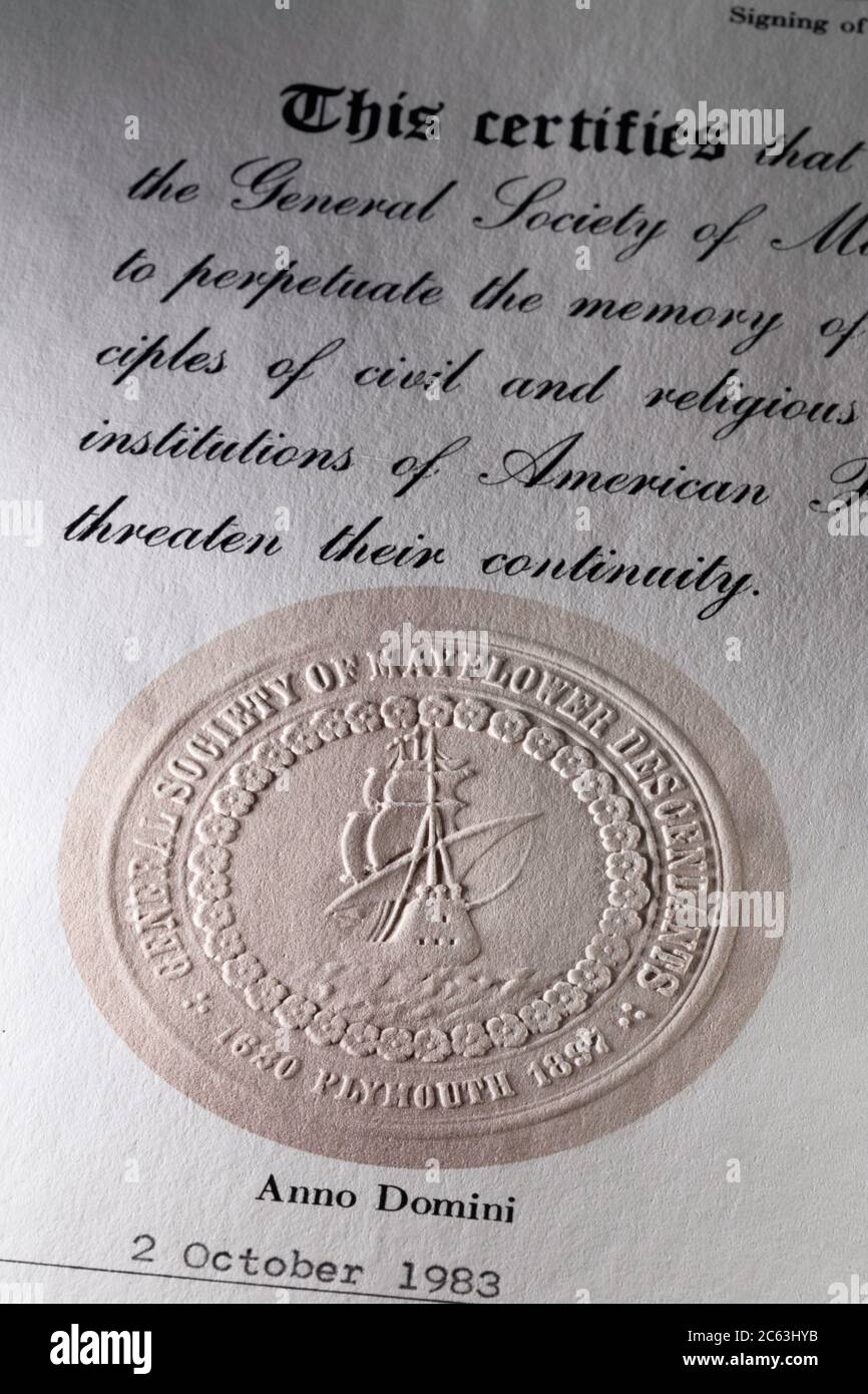 Certificat de la Société générale authentique des descendants de Mayflower, États-Unis Banque D'Images