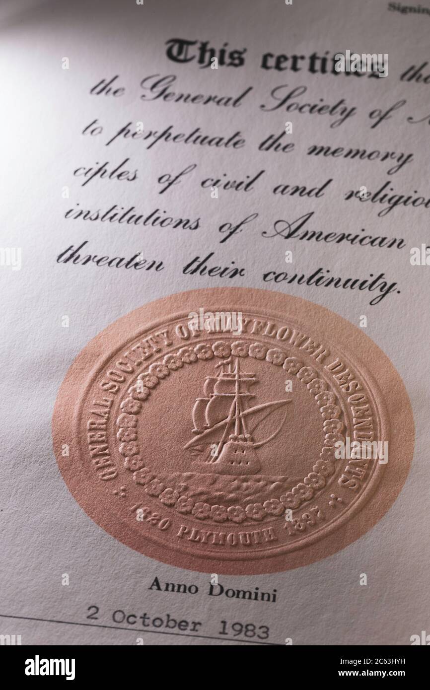 Certificat de la Société générale authentique des descendants de Mayflower, États-Unis Banque D'Images