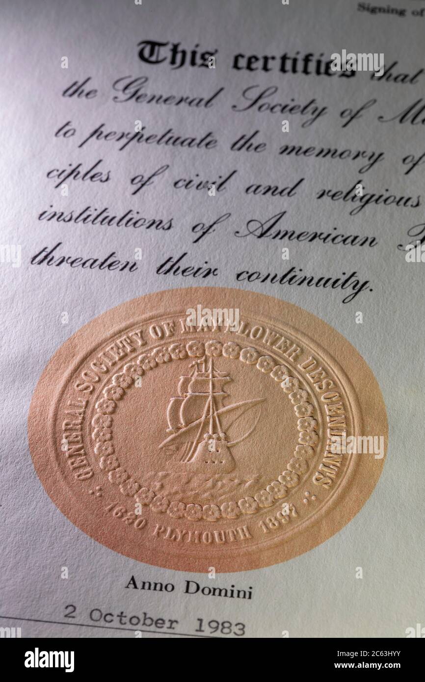 Certificat de la Société générale authentique des descendants de Mayflower, États-Unis Banque D'Images
