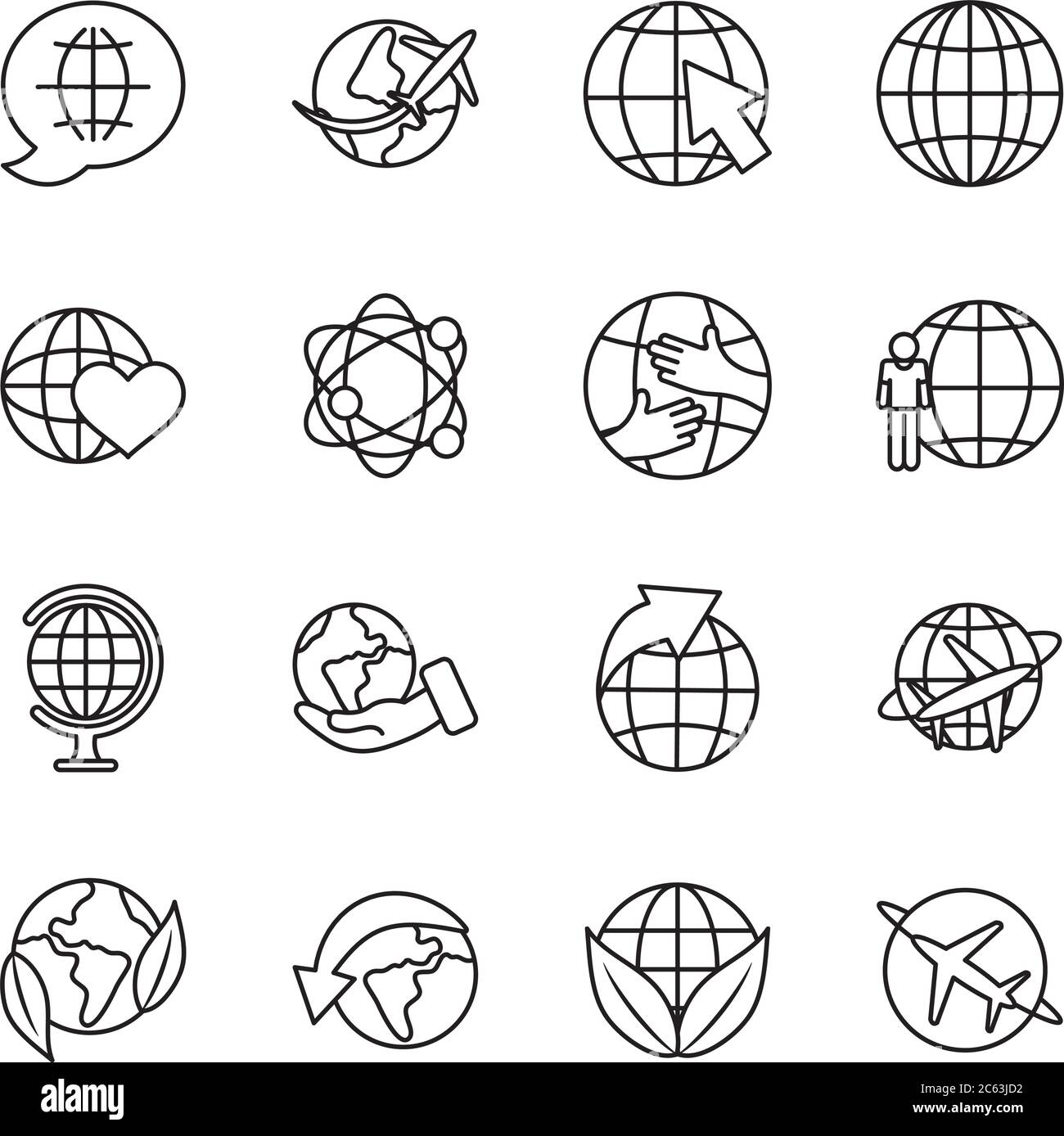 les flèches et l'icône de sphères globales sont définies sur un arrière-plan blanc, un style de ligne, une illustration vectorielle Illustration de Vecteur