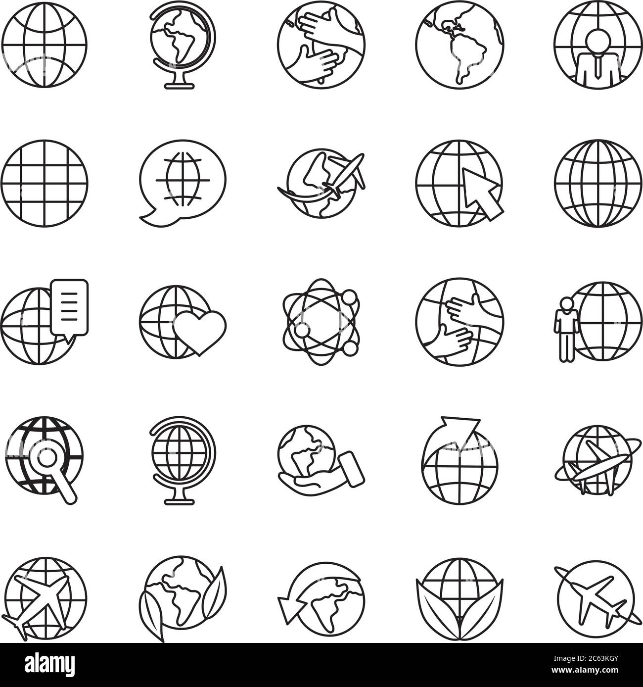 icône de feuilles et de sphères globales sur fond blanc, style de ligne, illustration vectorielle Illustration de Vecteur