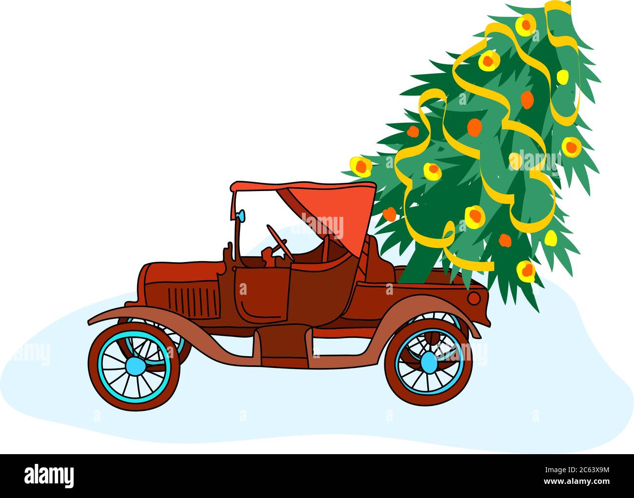 Dessin de voitures d'époque. Conception vectorielle simple, facile à modifier. La voiture rouge vintage porte un arbre de Noël. Illustration vectorielle Illustration de Vecteur