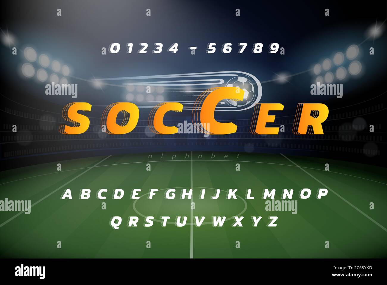 Jeu de caractères alphabétiques sur le thème sportif avec chiffres sur fond de stade de football Illustration de Vecteur