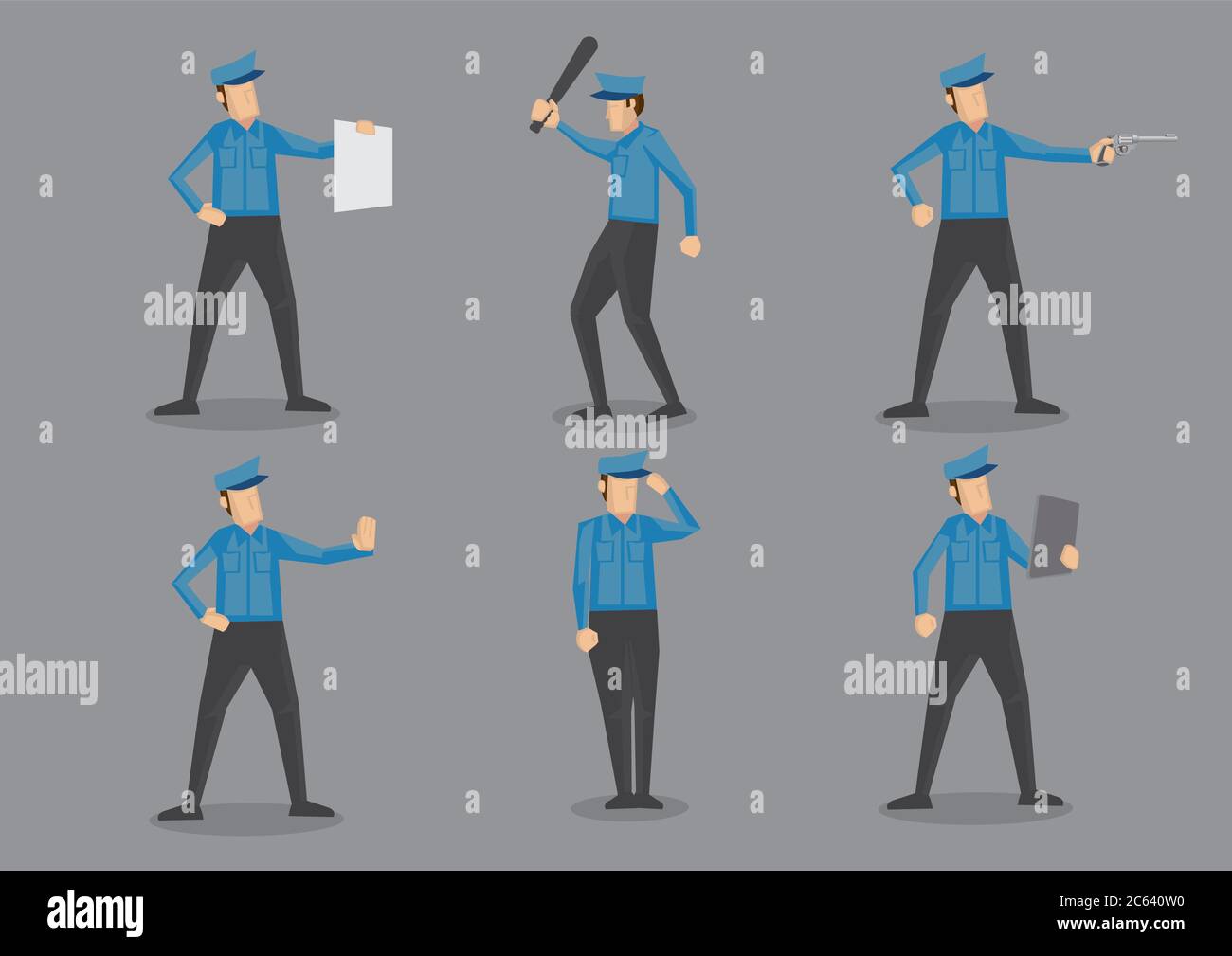 Ensemble de six illustrations vectorielles de personnages de dessin animé de policier ou d'agent de sécurité en uniforme bleu et casquette à sommet isolée sur fond gris Uni. Illustration de Vecteur