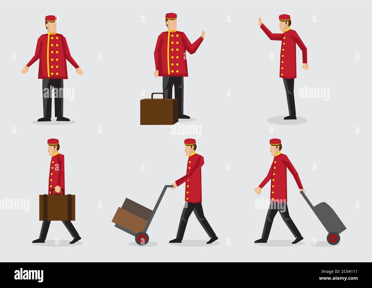 Ensemble de six illustrations vectorielles représentant un portier d'hôtel portant une veste et une casquette rouges avec bagages dans une vue frontale et latérale. Illustration de Vecteur