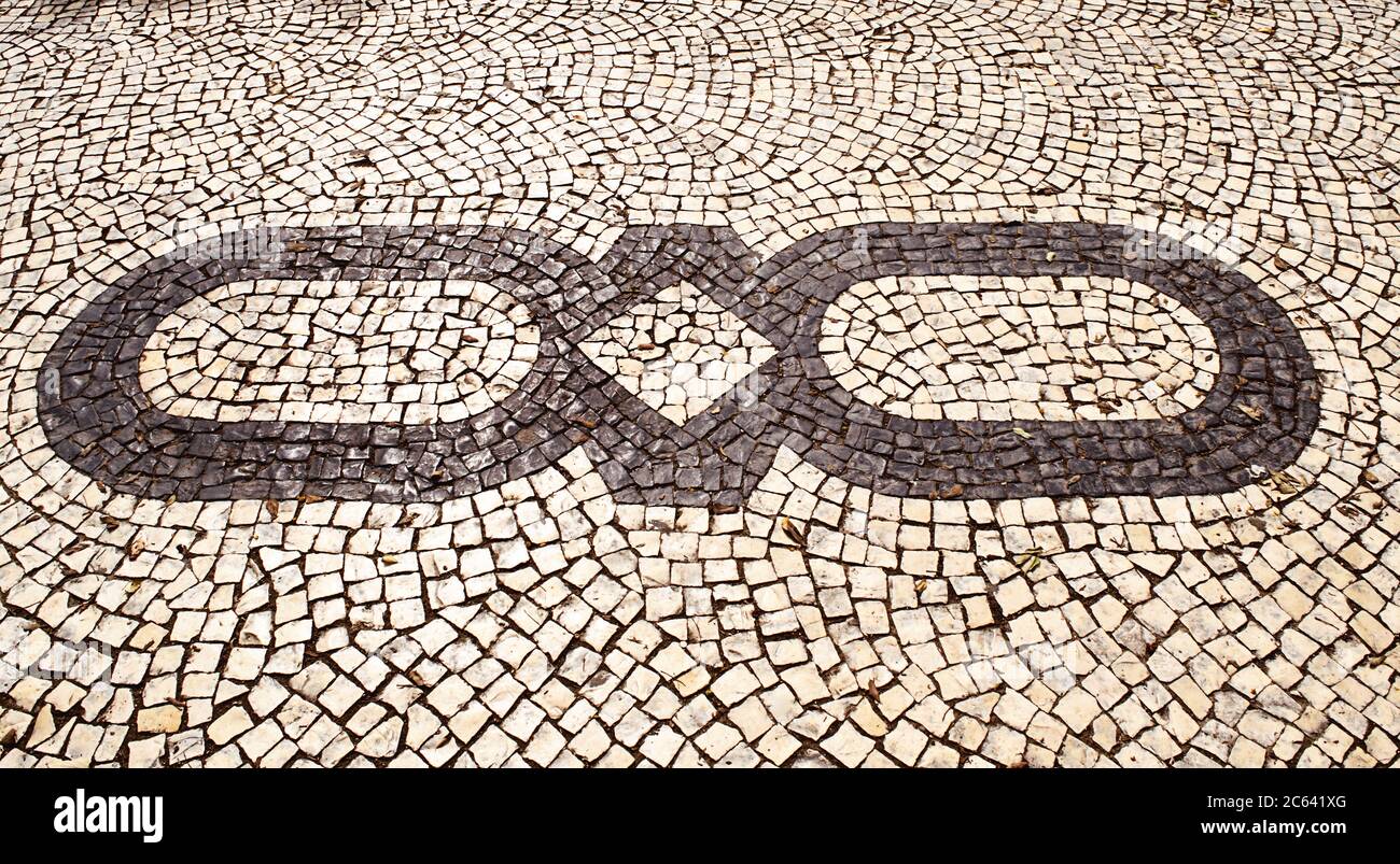 Les pierres décoratives de pavés portugais appelées calcadas forment un modèle traditionnel sur le trottoir à Lisbonne, Portugal. Banque D'Images