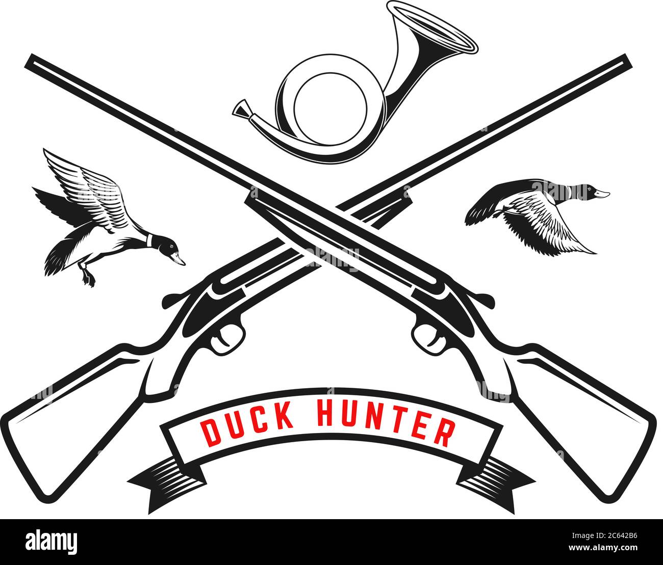 Modèle d'emblème de club de chasse de canard avec canards sauvages, canons, corne de chasse. Élément de design pour logo, étiquette, affiche, affiche, t-shirt. Illustration vectorielle Illustration de Vecteur