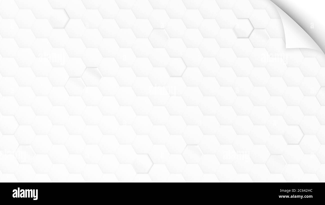 Motif hexagonal blanc et gris clair sur blanc avec coin recourbé du papier. Arrière-plan moderne simple et abstrait en résolution 4k. Banque D'Images