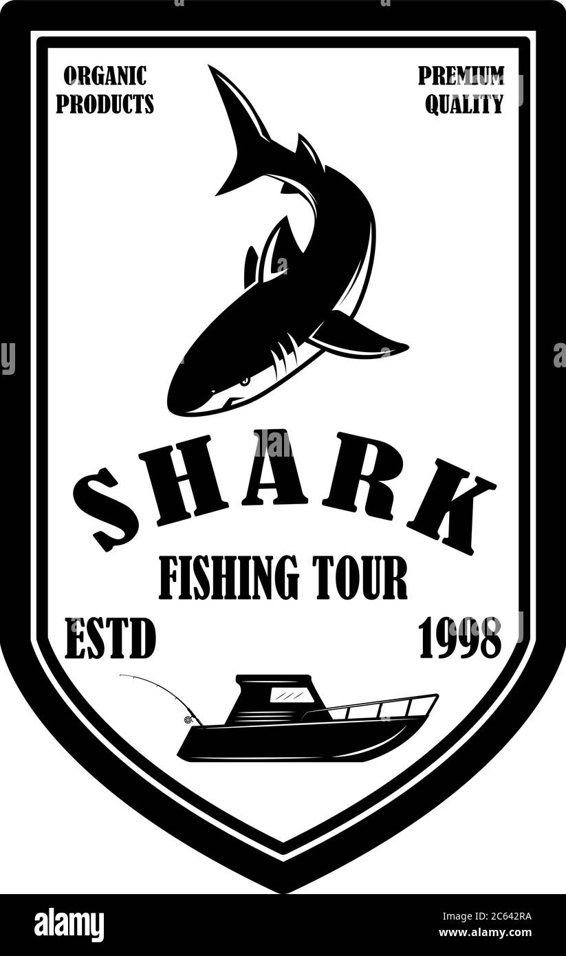 Pêche en mer. Modèle d'emblème avec poisson de requin. Élément de conception pour logo, étiquette, affiche, affiche. Illustration vectorielle Illustration de Vecteur