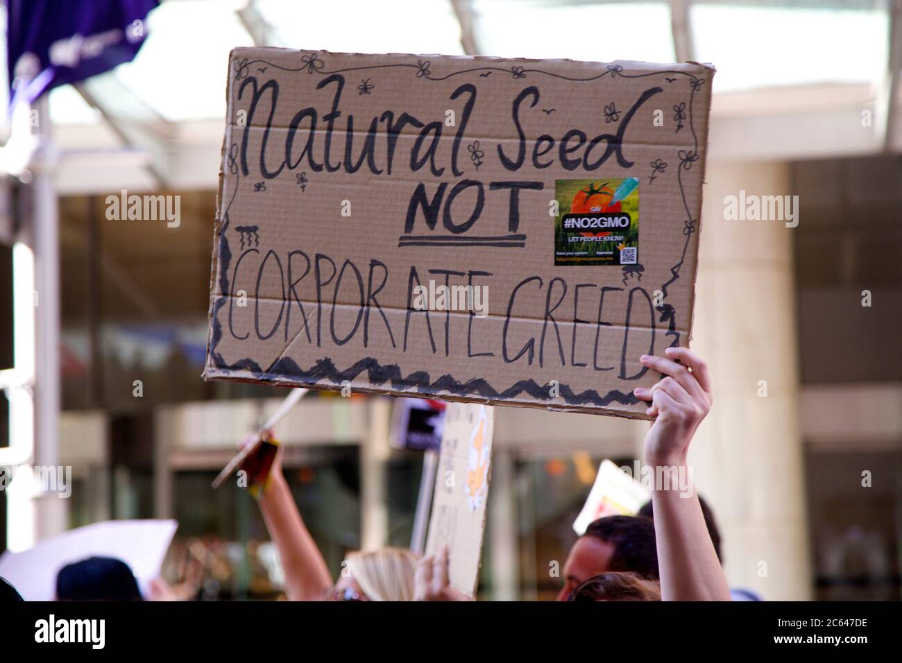 Mars contre les manifestants de Monsanto sur George Street, Sydney voulait « une semence naturelle, pas une cupidité d’entreprise ». Banque D'Images