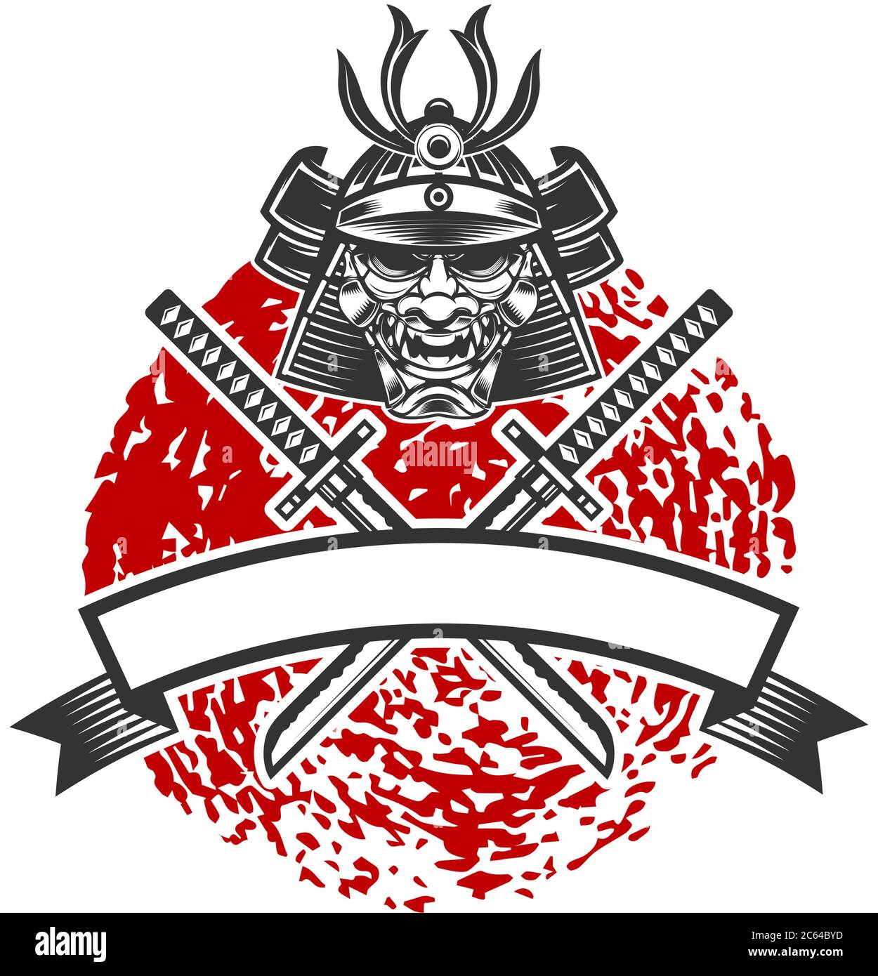 Emblème avec casque samouraï et épées de katana croisées. Élément de design pour logo, étiquette, affiche, affiche, t-shirt. Illustration vectorielle Illustration de Vecteur