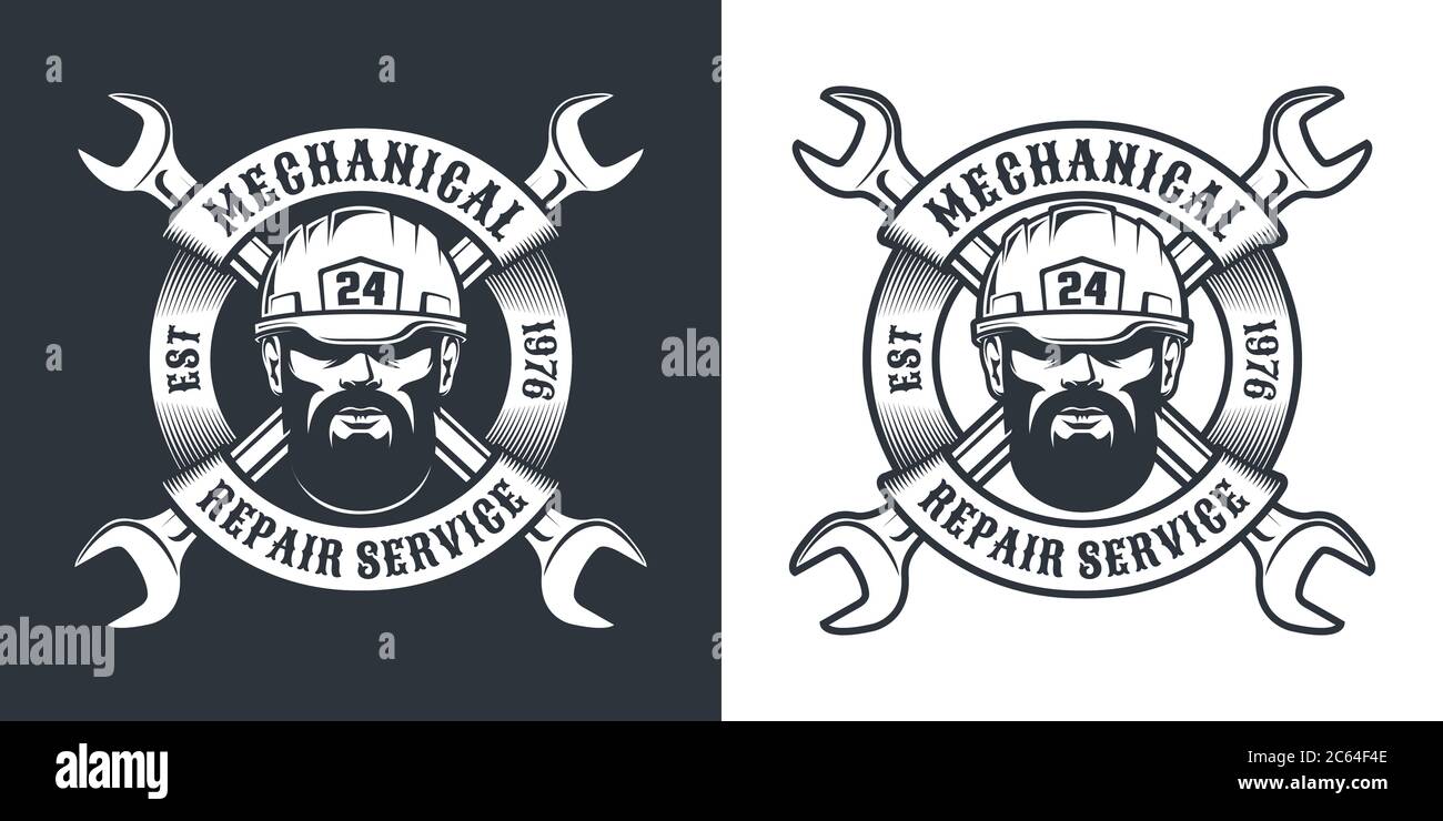 Réparer l'emblème rétro du service avec un homme de barbe dans un casque, une clé et un ruban Illustration de Vecteur
