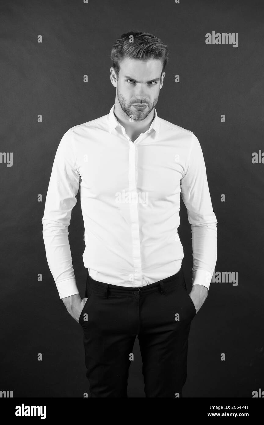 Mode formel. Profession professionnelle. Consultant financier. Employé de col blanc. Vêtements pour hommes style formel. Un employé de bureau très bien. Gestion de la chaîne intermédiaire et cléricale. Homme bien entretenu chemise formelle. Banque D'Images