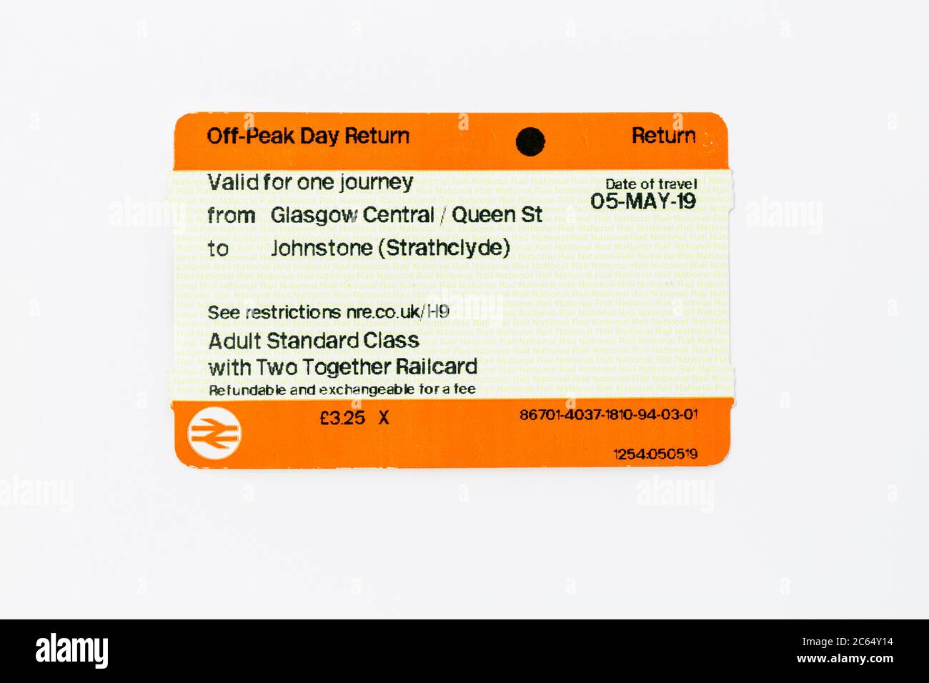 Billet de train, retour pour adulte hors saison, acheté avec une carte ferroviaire Two Together pour un voyage entre Glasgow Central et Johnstone, Écosse, Royaume-Uni Banque D'Images