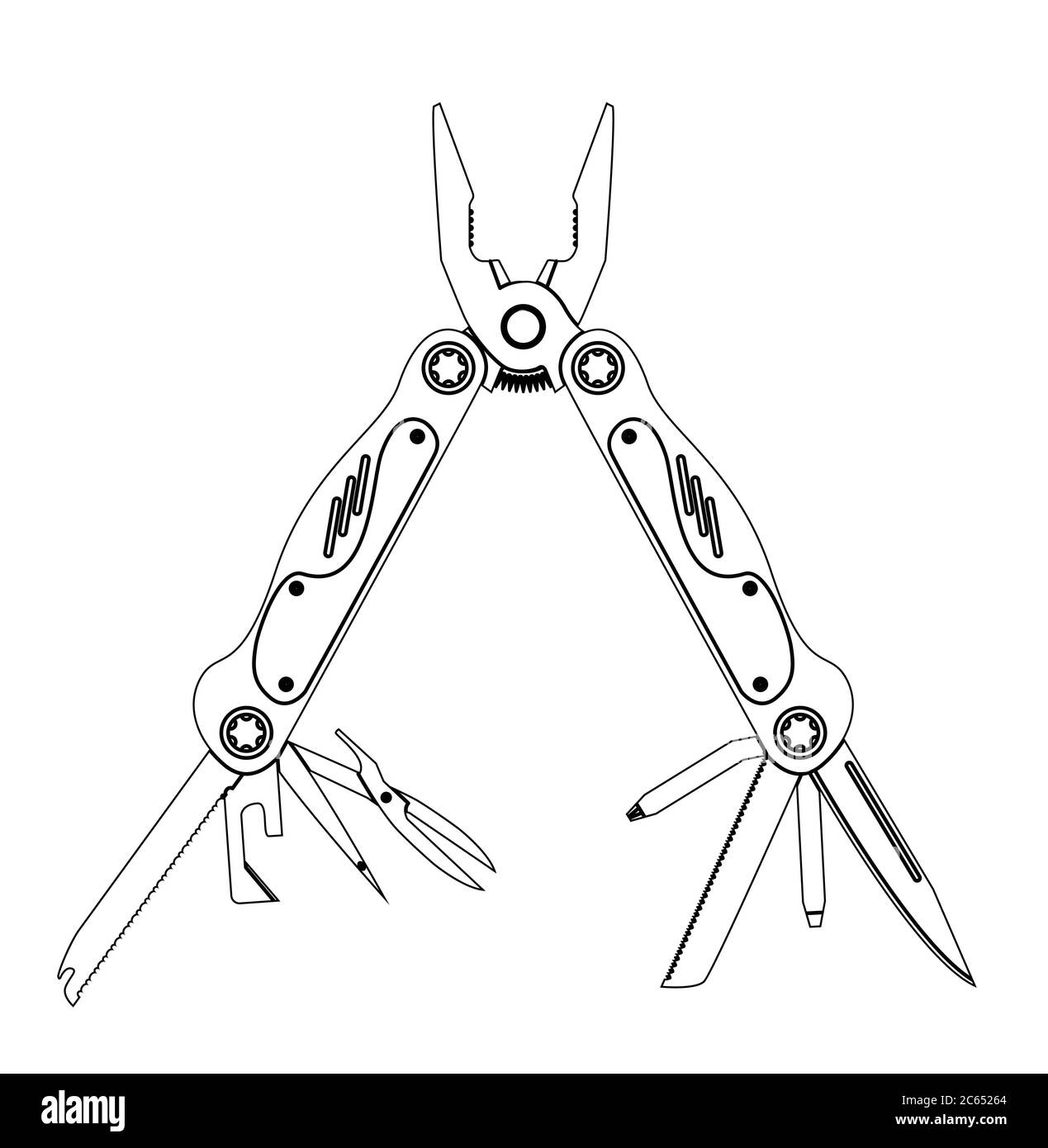 Instrument multi-outils de poche multifonction en acier inoxydable. Illustration plate isolée sur blanc. Illustration de Vecteur