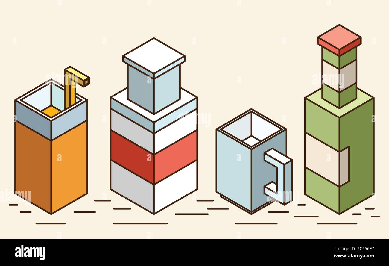 Ensemble de tasses isométriques stylisées et de verres de boissons Illustration de Vecteur