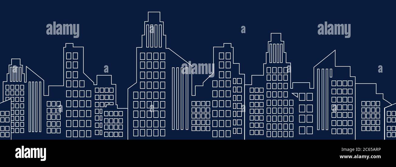 Paysage urbain, ville avec bordure sans couture, silhouette urbaine de bâtiments à plusieurs étages, arrière-plan de ville, dessin de lignes noir et blanc, isolé Illustration de Vecteur
