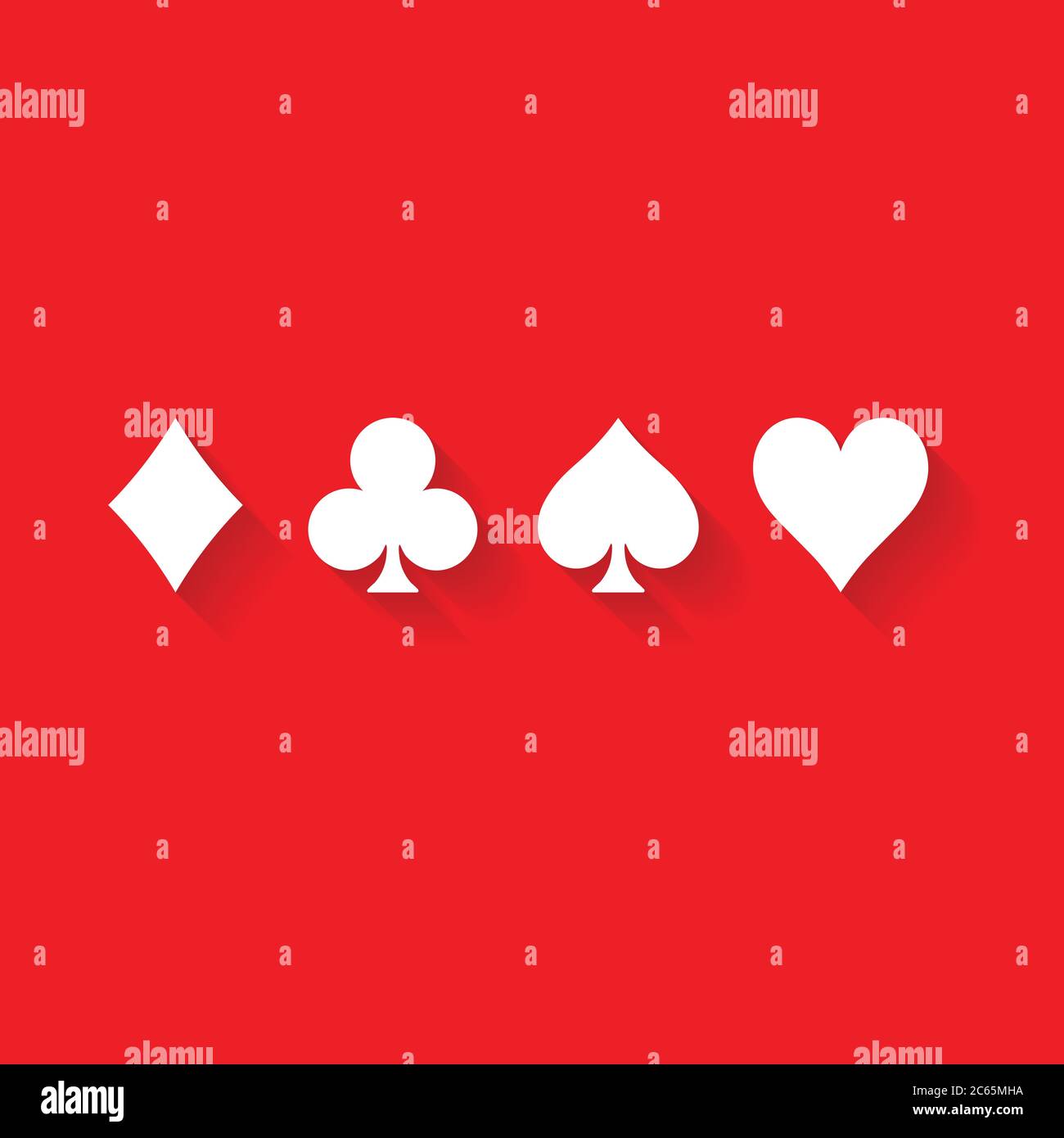 Combinaisons de cartes de poker - coeurs, clubs, spades et diamants - sur fond rouge. Illustration du vecteur de thème de jeu de casino. Formes blanches avec effet d'ombre longue. Illustration de Vecteur