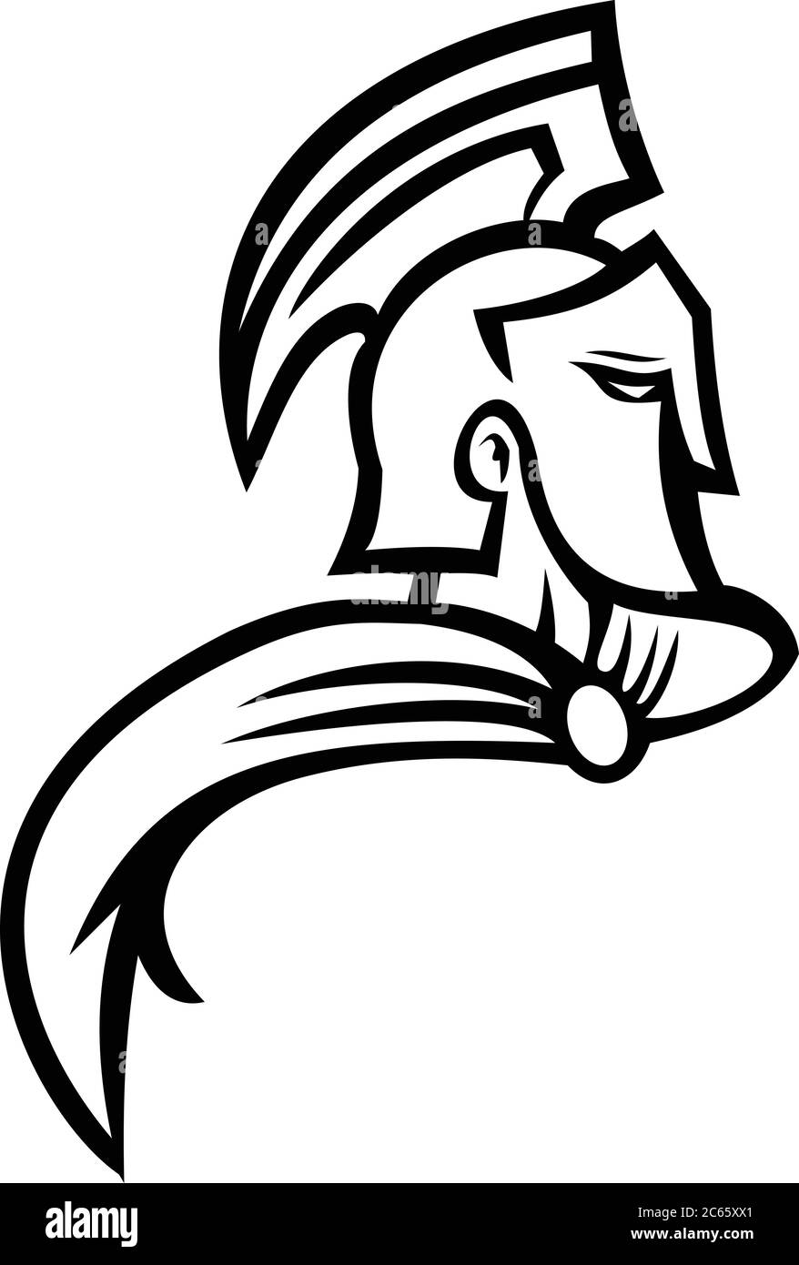 Mascotte noire et blanche illustration du buste d'un cheval de Troie ou d'un guerrier spartiate portant un casque et cape fluide vue de côté sur un arrière-plan isolé i Illustration de Vecteur