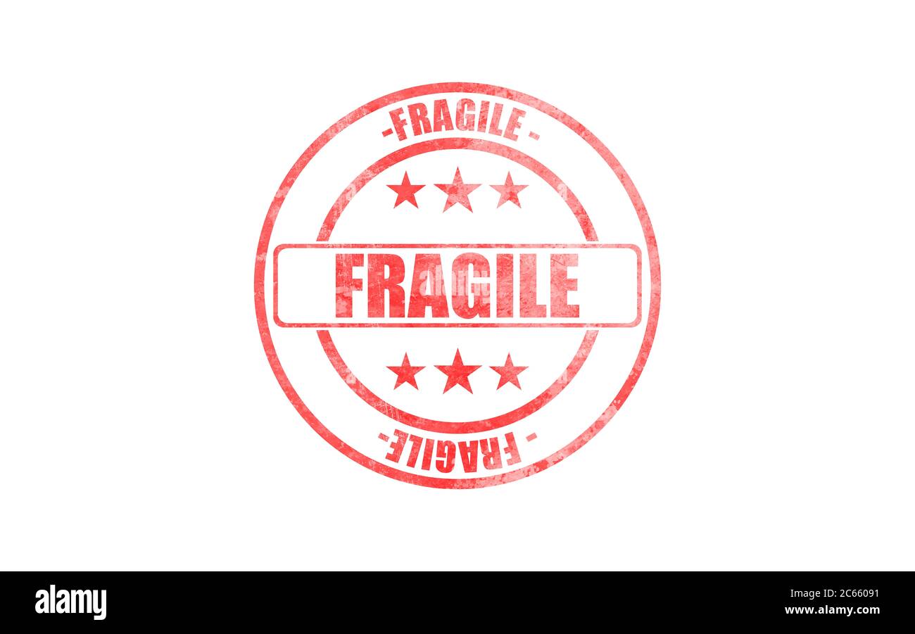 FRAGILE, marquage attention. Tampon avec texte fragile isolé sur fond blanc. Message d'avertissement cassable à l'encre rouge. Banque D'Images