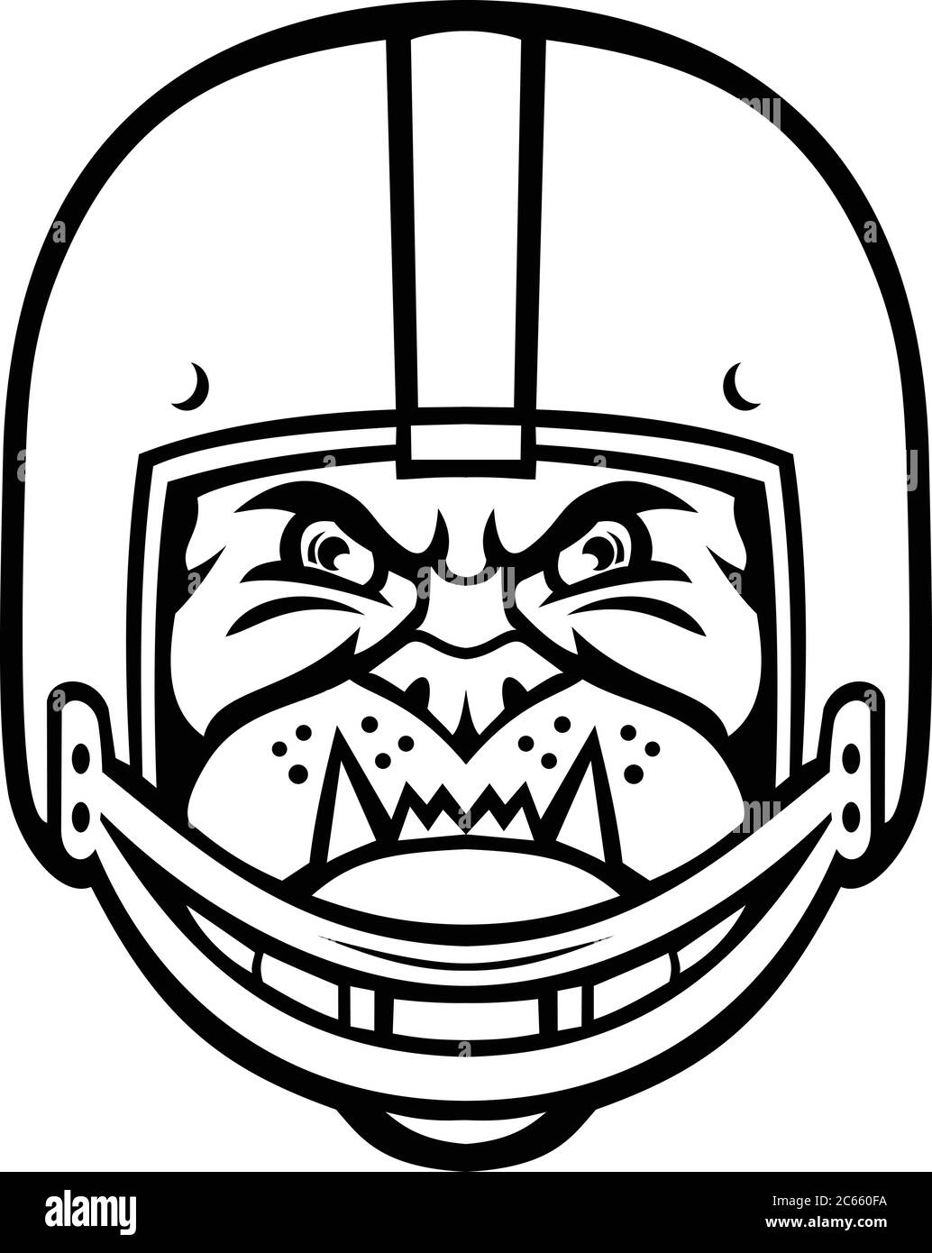 Mascotte de sport illustration de la tête d'un bouledogue portant un casque de football américain ou gridiron vu de l'avant sur un arrière-plan isolé en noir et Illustration de Vecteur