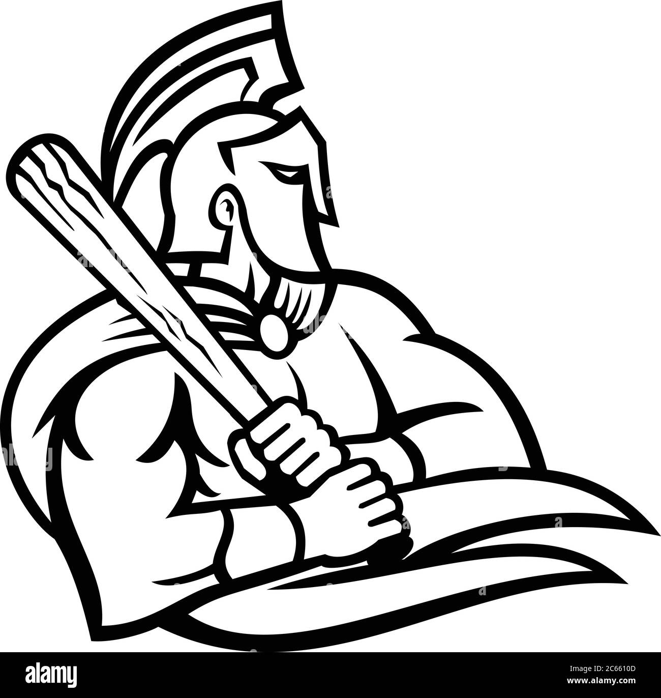 Mascotte noire et blanche, illustration de la tête d'un cheval de Troie ou d'un guerrier spartiate portant un casque et tenant une batte de baseball vue de côté sur une baba isolée Illustration de Vecteur