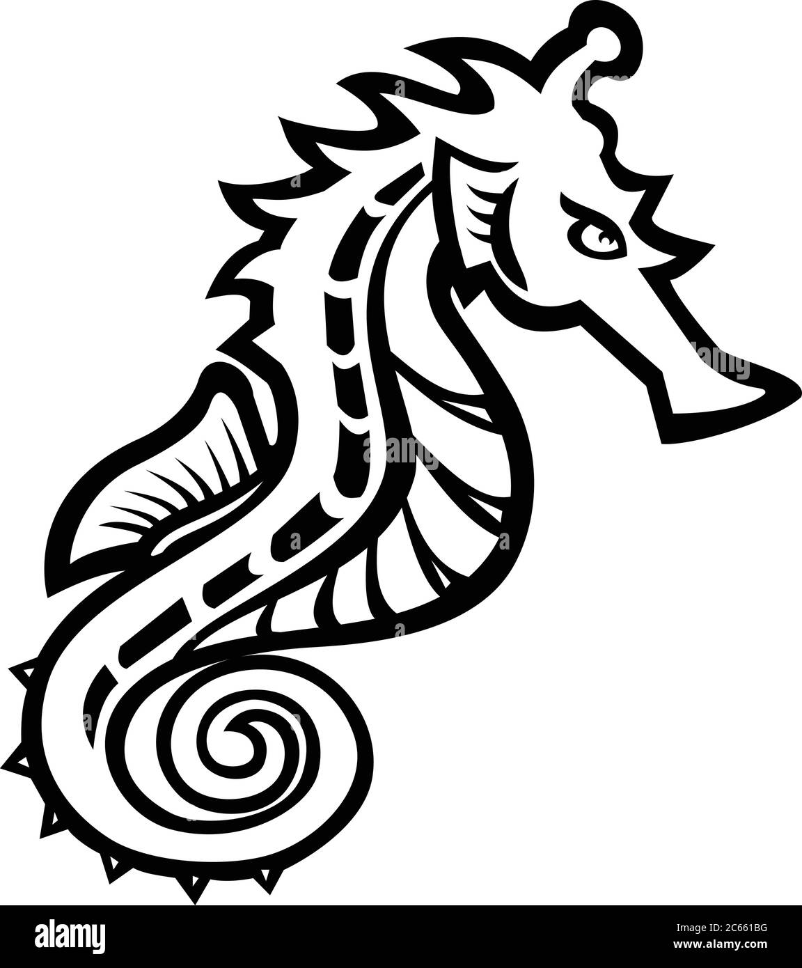 Illustration en noir et blanc d'un hippocampe, d'un cheval de mer ou d'un cheval de mer, un petit poisson marin du genre Hippocampus vu de côté sur un backgrou isolé Illustration de Vecteur