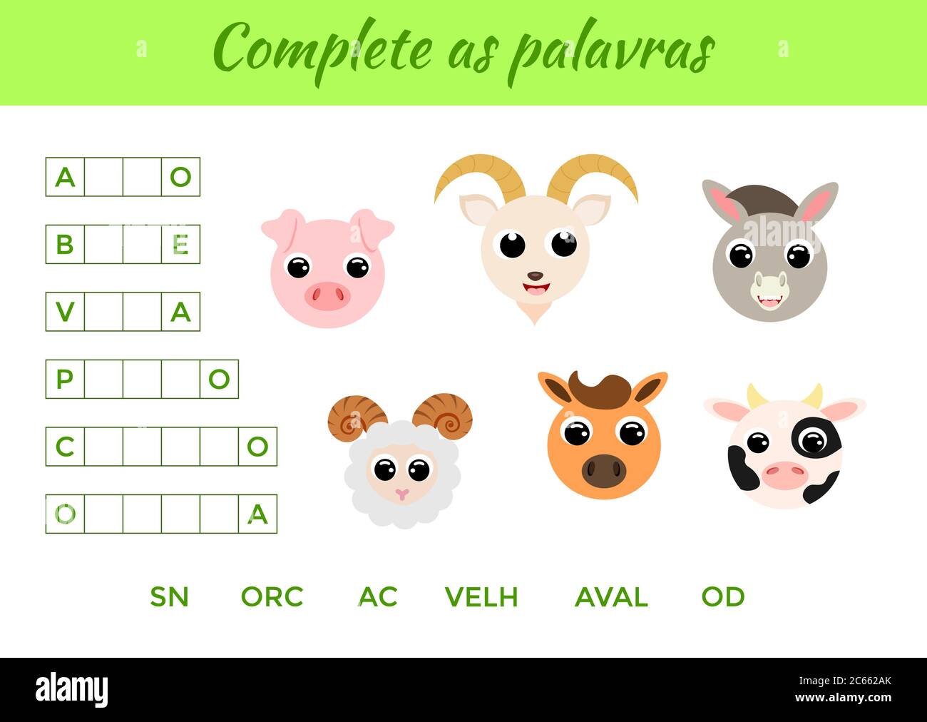 Compléter comme palavras - compléter les mots, écrire les lettres manquantes. Jeu éducatif assorti pour les enfants avec des animaux mignons. Page d'activité pédagogique Illustration de Vecteur