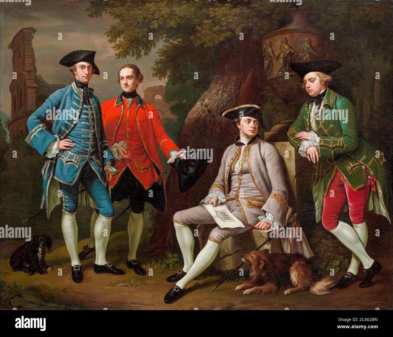 Portrait de groupe du 18e siècle Grand Tour de Britanniques, James Grant de Grant, John Mytton, l'honorable Thomas Robinson et Thomas Wynne, portrait peint par Nathaniel Dance, vers 1760 Banque D'Images