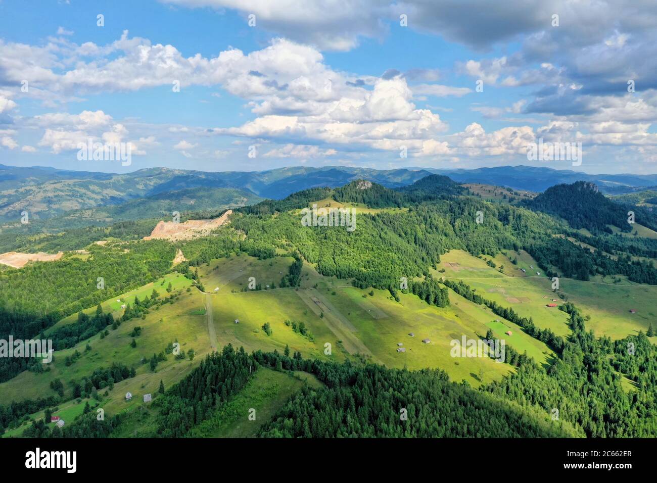 Pâturage de montagne et forêt verte d'en haut, vue aérienne du paysage d'été des Carpates roumains Banque D'Images