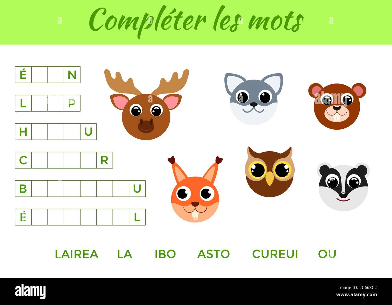 Compléter les mots - compléter les mots, écrire les lettres manquantes. Jeu éducatif assorti pour les enfants avec des animaux mignons. Page d'activité pédagogique Illustration de Vecteur