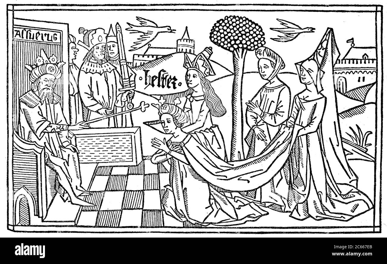 Esther s'agenouille devant Asverus, la reine Esther est une orpheline juive, fille adoptée de son cousin Mordechai, au 5e siècle après le Livre d'Esther de l'ancien Testament. CHR. Vécu dans la Diaspora persane et épouse du roi Perse Ahasuerus, Xerxes I was / Esther kniet vor Asverus, Königin Ester ist nach dem alttestamentlichen Buch Ester eine jüdische Waise, Adoptivtochter ihres cousins Mordechai, die im 5. Jahrhundert c. Chr. In der persischen Diaspora lebte und Frau des persischen Königs Ahasveros, Xerxes I., wurde, Historisch, historique, numérique reproduction améliorée d'un original du 19t Banque D'Images