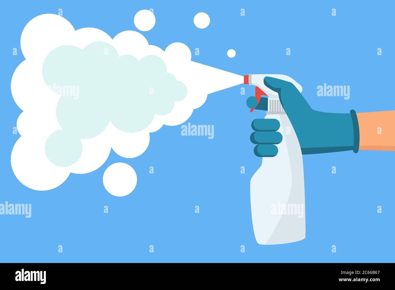 Homme main dans des gants tient une bouteille de spray antiseptique avec aérosol. La fiole antibactérienne tue les bactéries et les virus Illustration de Vecteur