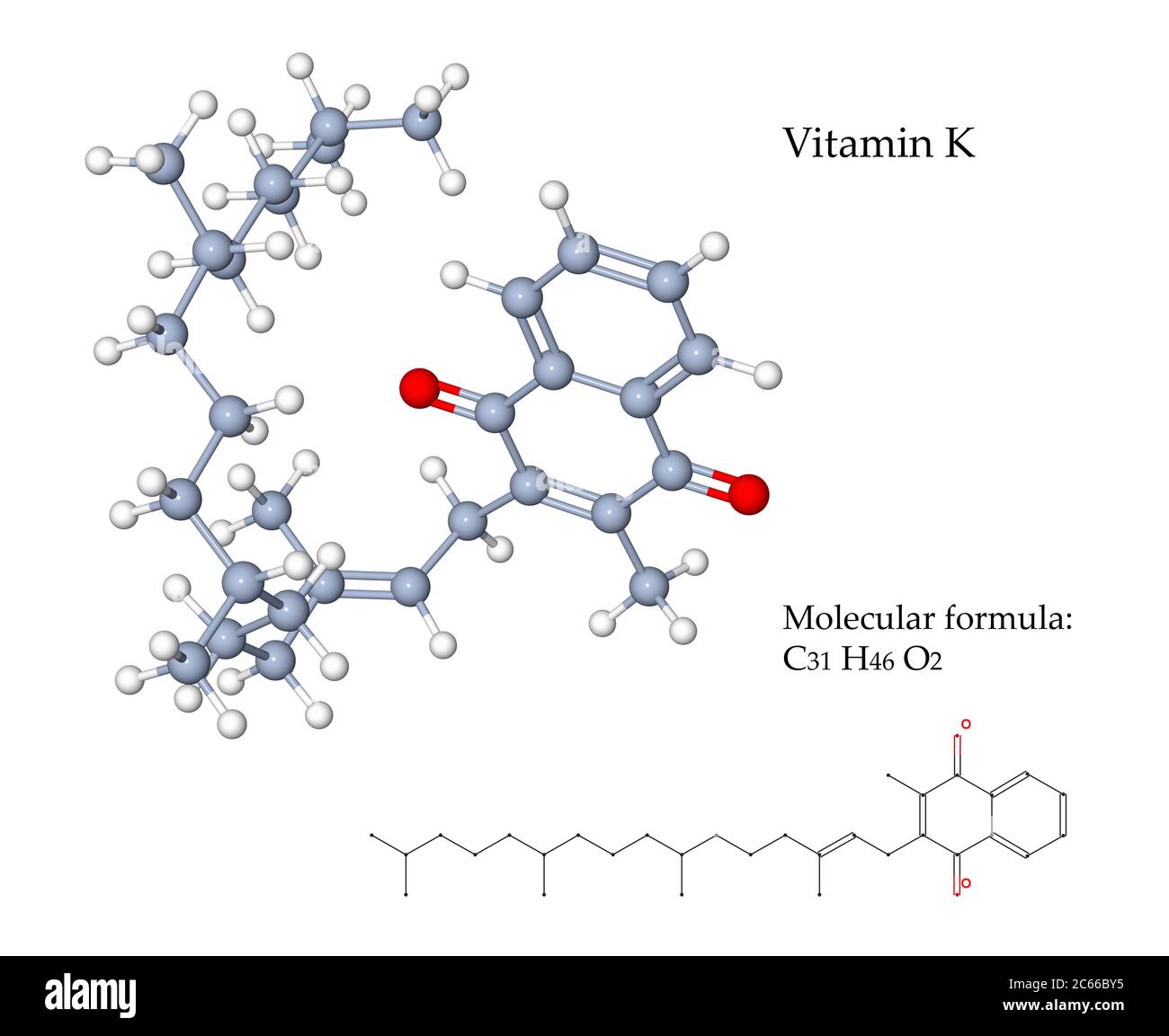 La vitamine K est importante pour la coagulation sanguine et pour contrôler la liaison du calcium dans les os et autres tissus. illustration 3d de la structure moléculaire Banque D'Images