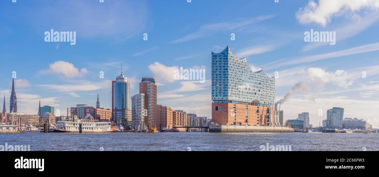 Allemagne, Hambourg, HafenCity, Port, rivière Elbe, salle de concert Elbphilharmonie, Panorama Banque D'Images